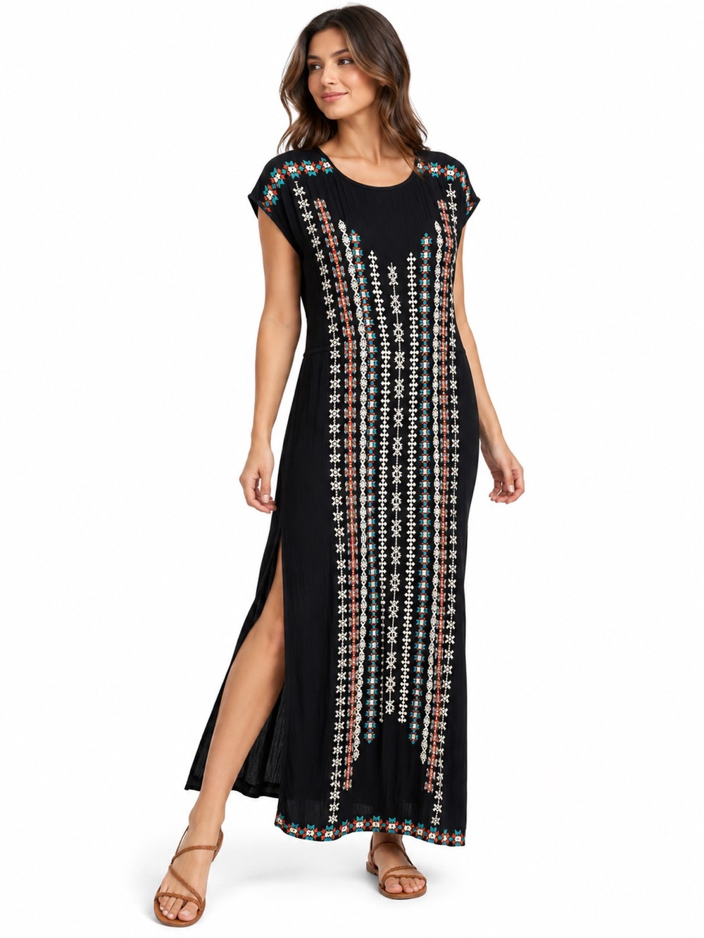 Sundance Black Embroidered Aztec Boho Maxi Dress Tie Waist Women’s Medium